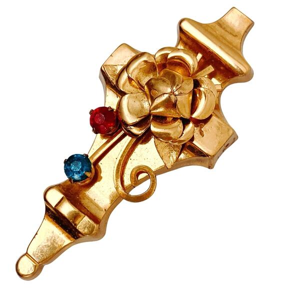 VTG 1940s Mid Century Brooch Pendant Convertible Red Blue Rhinestones Gold Tone - Picture 1 of 11